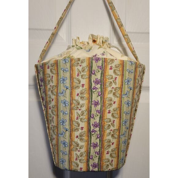 LONGABERGER Botanical Fields Stripe 11" LARGE Bucket Drawstring TOTE Oval Purse - Picture 1 of 10